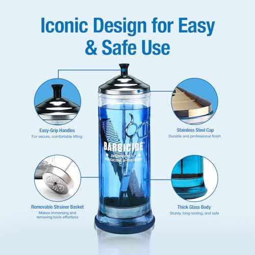 BARBICIDE Disinfecting Jar ? Durable Glass Immersion Container with Stainless Steel Lid and Tray ? Professional Salon, Spa & Barber Tool Sanitizer for Combs, Brushes & Implements - (Large - 37 Fl Oz)