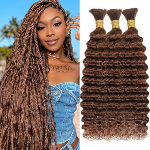 Human Braiding Hair for Boho Braids 150g 24 Inch Auburn Brown Curly Boho Hair for Braiding Knotless 12A Deep Wave Bulk Bohemian 3 Bundles/Pack Color 30