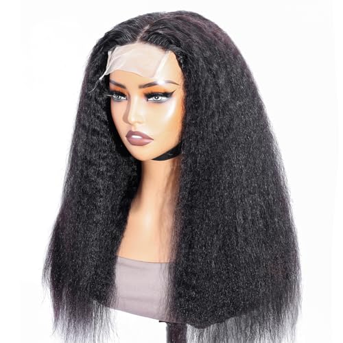 Kinky Straight Lace Front Wigs Human Hair Pre Plucked With Baby Hair 4x4 Transparent Yaki KinkyStraight Human Hair 180% Density Yaki Straight Lace Frontal Wigs for Women 20 Inch