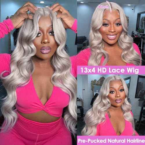 Pisenor 13x4 Grey Lace Front Wig Human Hair Body Wave Lace Frontal Wigs Human Hair HD 180% Density Transparent With Baby Natural Hairline Pre Plucked Lace Front wigs (22 inch)