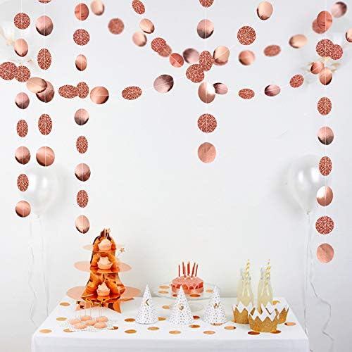 JEYE Glitter Rose Gold Circle Dots Party Garland Decoration Metallic Paper Hanging Streamer Bunting Banner Backdrop Decor for Birthday Wedding New Year(Pack of 2, 26 Feet in Total)