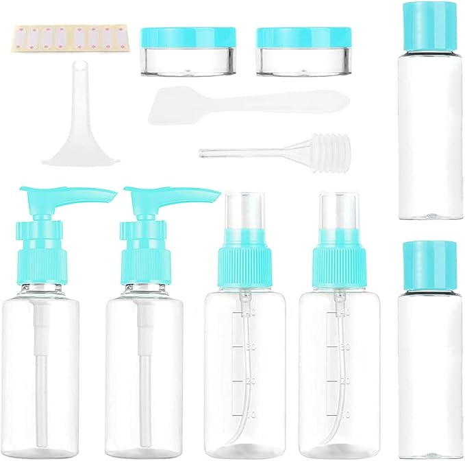 Vitog Travel Bottles Kit, TSA Approved Leak Proof Portable Toiletry Containers Set, Clear flight size PET Cosmetic Containers for Lotion, Shampoo, Cream, Soap, Set of 11 (Blue+Plastic)