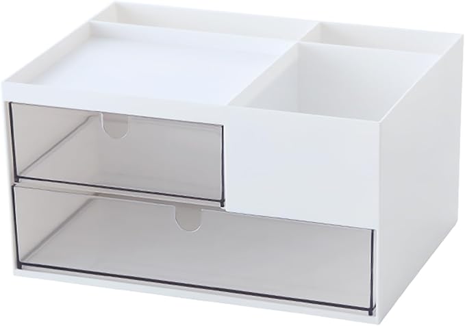 Makeup Organizer with 2 Drawers, Desk Organizer, 4 Compartments, Cosmetics Storage Box for nail polish,Lipstick, Brushes, Jewelry, Skincare, Bathroom Organization Boxes - White
