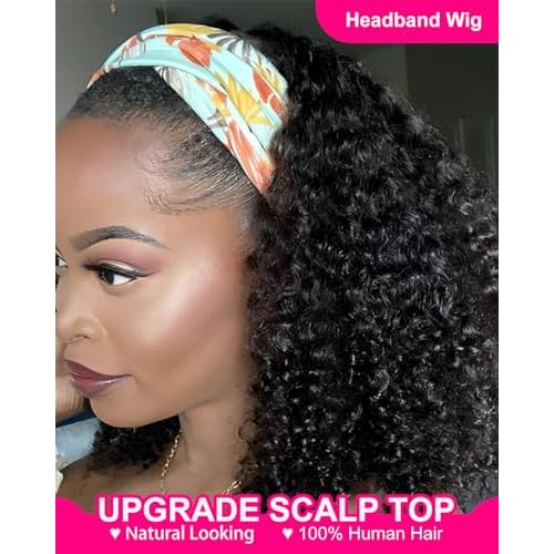 V SHOW Kinky Curly Headband Wig Human Hair Upgrade Natural Scalp Top Middle Part Glueless Headband Wig for Women 16inch Brazilian Kinky Curly Virgin Human Hair Wear and Go 180% Density Wig