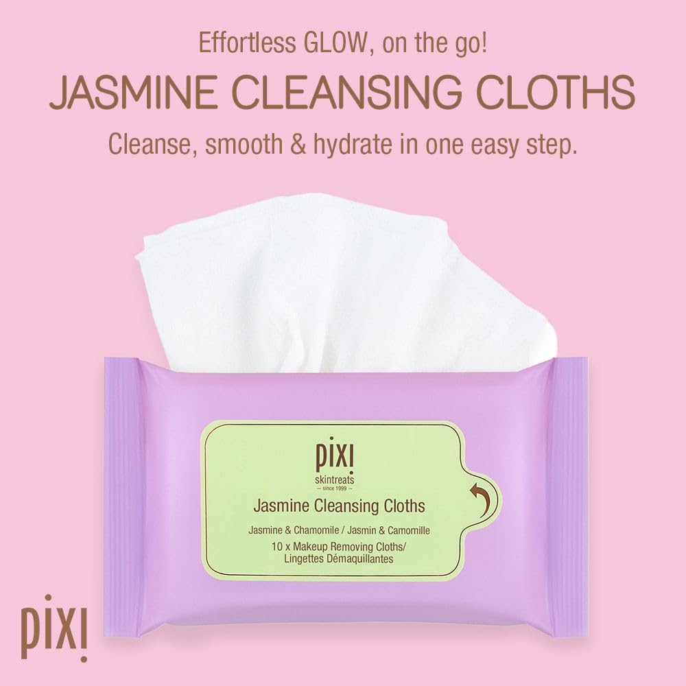 Pixi Beauty Jasmine Cleansing Cloths Mini |Cleansing, Smoothing, and Hydrating Disposable Face Towelettes| Pack of 10 Face Wipes