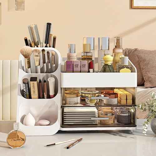 Makeup Organizer with Drawers for Vanity,Spacious Cosmetic Display Case,Perfect Storage Solution for Your Beauty Essential (White)