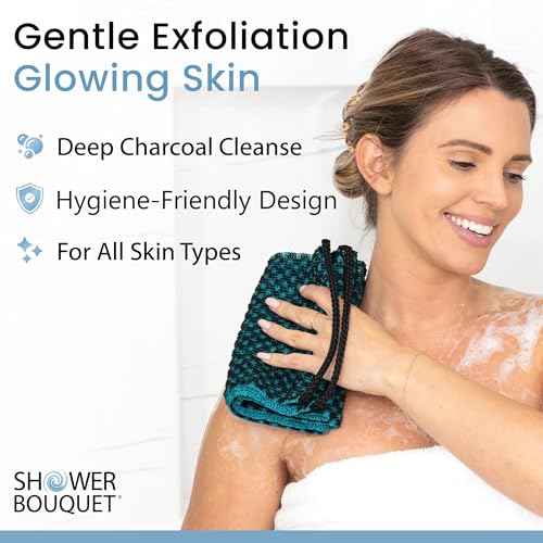 Japanese Exfoliating Washcloth for Back & Body 2-Pack - Charcoal & Silver Ion Exfoliating Towel with Handles - Two-Sided Gentle Exfoliation & Deep Cleanse Body Wash Cloths for Shower - 1 Blue, 1 Green