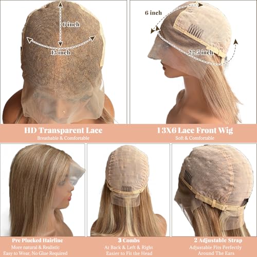 8T860 10 Inch Highlight Bob Wigs Human Hair for White Women Brown to Blonde with Brown Roots Ombre 13x6 HD Lace Front Wig Human Hair Pre Plucked Pre Cut Glueless Straight Bob Wigs with Baby Hair