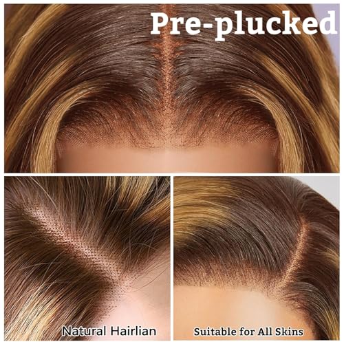 SFD Ombre Lace Front Wig Human Hair 220% Density Blond Highlighted Wig Human Hair 13x6 Brown Highlighted Body Wave 4/27 Highlight Lace Front Wigs Pre Plucked 30inch