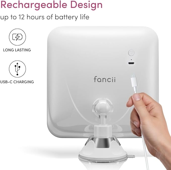 Fancii 20x Magnifying Makeup Mirror with LED Lights, Rechargeable, High Zoom | 7-inch Large Lighted Travel Mirror for Vanity and Bathroom, Dimmable, 3 Light Settings, Strong Suction, 360° Rotation