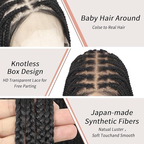 Lexqui 36'' 360¡Æ HD Full Lace Knotless Braided Wigs for Women Box Braid Wig with Baby Hair Premium Synthetic Braided Lace Front Wigs Natural Black