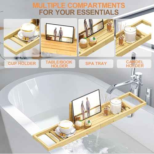 Bathtub Tray Caddy - Bath Tray - Bath Tub Table Tray Caddy - Bamboo Bath Tray for Tub