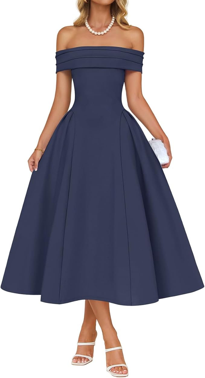 ZESICA Summer 2026 Cocktail Dresses for Women's Off Shoulder Short Sleeve Swing A Line Wedding Evening Party Midi Dress
