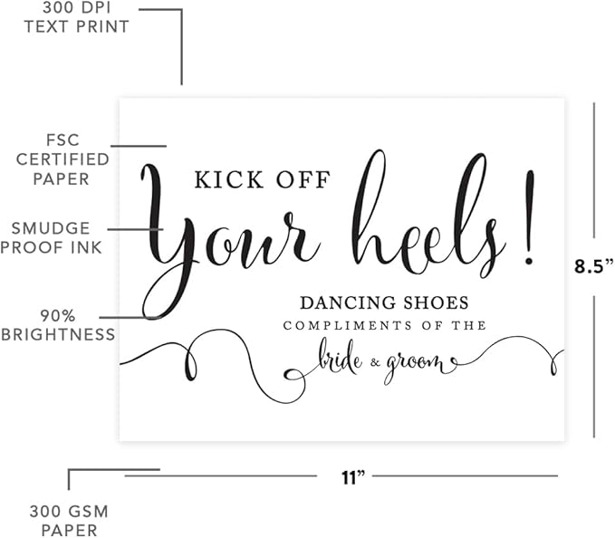 Andaz Press Wedding Party Signs, Formal Black and White, 8.5-inch x 11-inch, Dancing Shoes - Kick Off Your Heels!, 1-Pack
