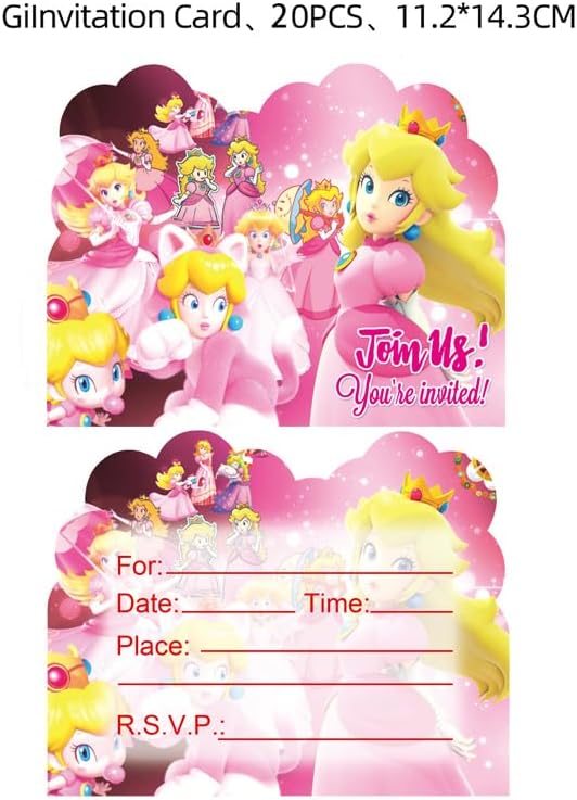LEOWEST 20pcs Princess Peach Birthday Party Invitations,Princess Peach Invitations Birthday Party Supplies Decoration (Invitations3)