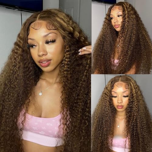 Honey Blonde Ombre Lace Front Wig Human Hair 13x5 Highlight Deep Wave Curly Wig 4/27 Colored HD Transparent Lace Front Wigs Human Hair Pre Plucked with Baby Hairs 180% Density 22 Inch