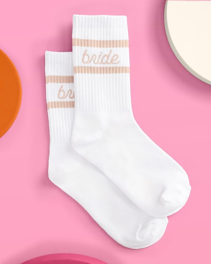 xo, Fetti Bride Socks, White + Tan | Bride To Be Gift, Bachelorette Party Favor, Bach Party Decorations, Wedding Day Sandals, Bridesmaid Gift, Bridal Shower Party Favor