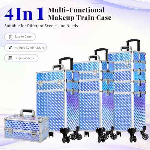 AROUS Rolling Makeup Train Case 4 in 1 Cosmetology Case on Wheels Large Storage Cosmetic Trolley with Key Salon Barber Case Traveling Cart Trunk, Colorful