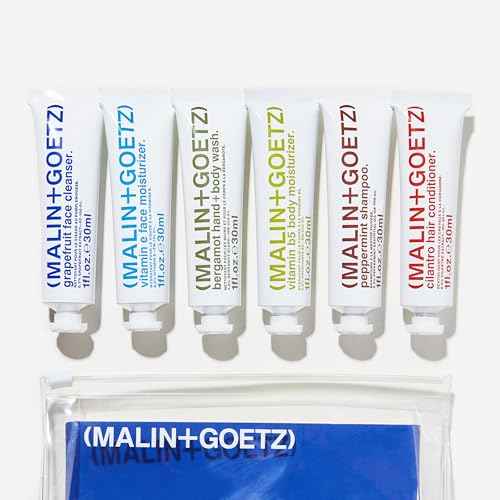 Malin + Goetz Essentials Starter Kit, Set of 6, 1 Fl. Oz. ? Face Cleanser, Face Moisturizer, Hand & Body Wash, Body Moisturizer, Hair Shampoo & Conditioner - Travel Size Toiletries