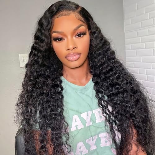 Wet and Wavy Human Hair Bundles Water Wave Bundles with Closure Human Hair-16 18 20+16inch 10A Raw Brazilian Virgin Hair and Free Part Lace Closure Natural Black
