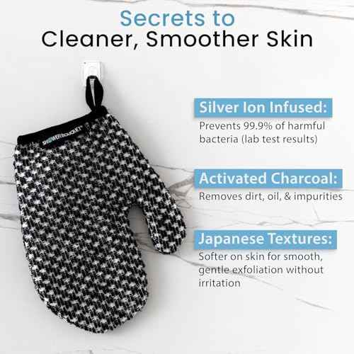 Japanese Exfoliating Mitt 2-Pack - Charcoal & Silver Ion Exfoliating Gloves for Shower - Soft Inner Fabric Gentle Exfoliation & Deep Cleansing Body Scrub Gloves for All Skin Types - 1 White, 1 Blue
