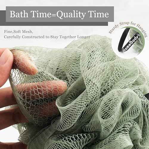 myHomeBody Large 70g Loofah Sponge, Bath Body Scrubber for Women, Men, Exfoliating Shower Pouf with Activated Charcoal - 2 Graphite Gray + 1 Sage Green, 3 Pack