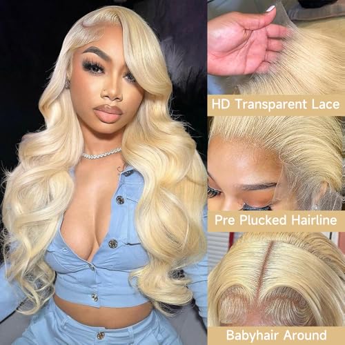 613 13x6 Lace Front Wig Human Hair 28 Inch Blonde Wig Human Hair 200% Density Body Wave HD Blonde Lace Frontal Wig Pre Plucked 613 Lace Front Wig Human Hair