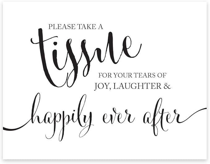 Andaz Press Wedding Party Signs, Formal Black and White, 8.5-inch x 11-inch, Please Take A Tissue for your Tears of Joy, Laughter and Happily Ever After, 1-Pack, Kleenex Ceremony Sign