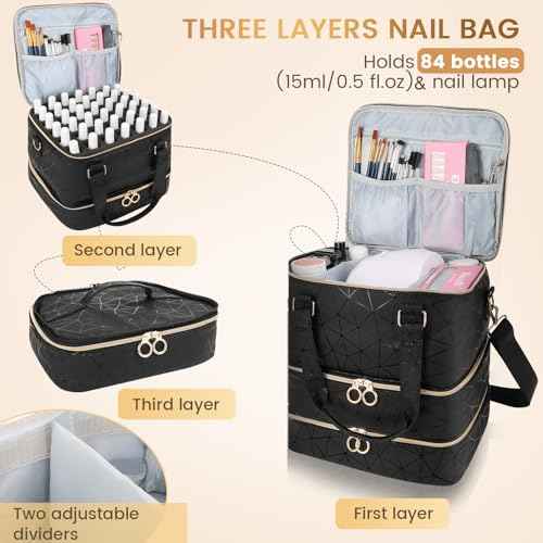 Nail Polish Organizer Bag Holds 84 Bottles & Nail Lamp, 3 Layers Nail Kit Storage Carrying Case Pu Leather, Large Nail Supplies Organizer With Shoulder Strap, Portable Travel Nail Bag For Nail Tech