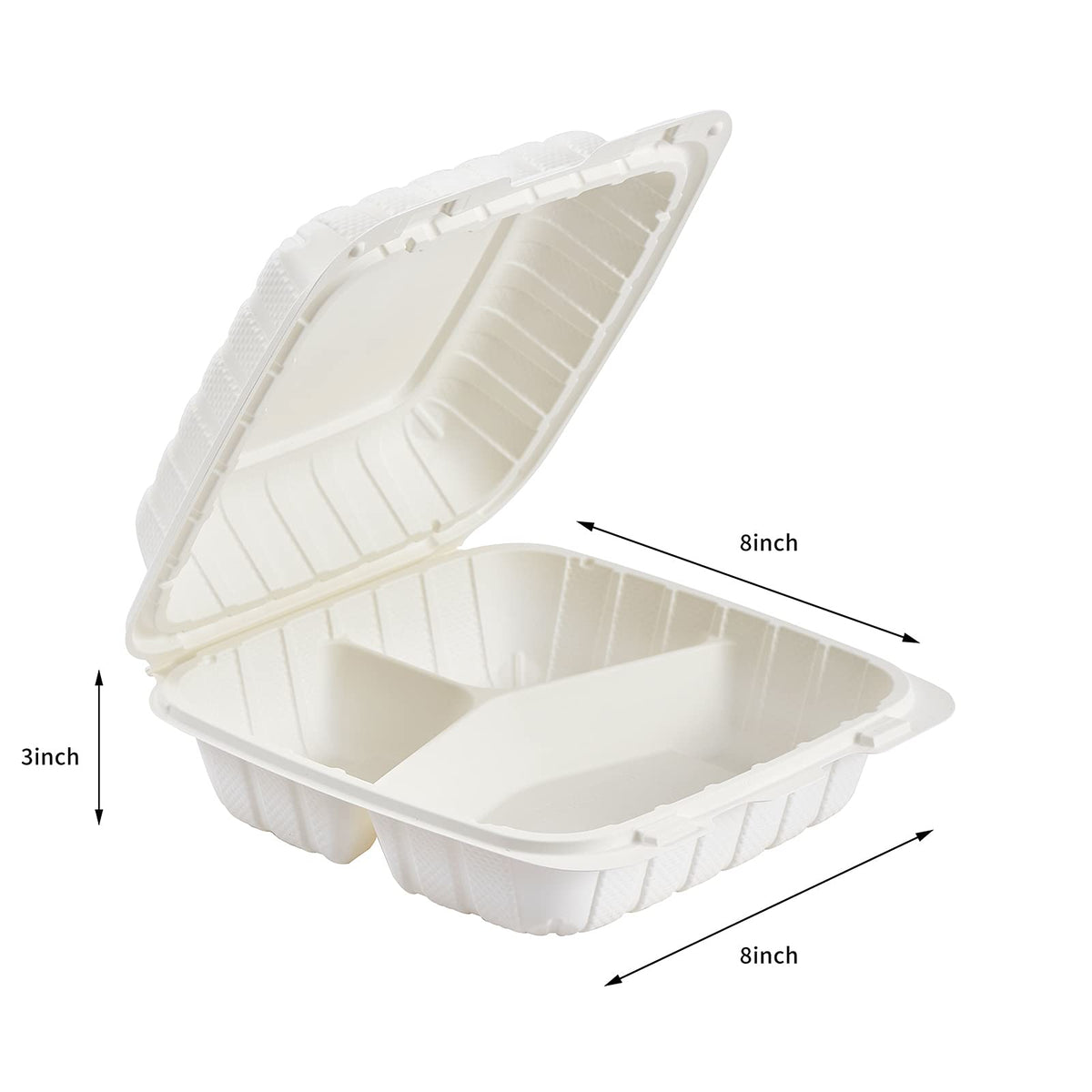 Jaluxing 8X8 3Compartment 50Pack Plastic Clamshell Take Out Food Containers, Heavy Duty To-go Disposable Lunch Box Restaurant Meal Prep Packaging Catering Hinged Container (Formerly FULING)
