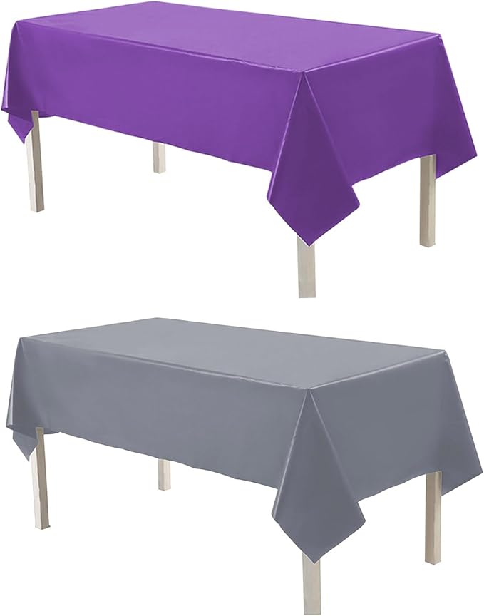 Plastic Tablecloths,Disposable Table Covers,Baby Shower Party Tablecovers,Table Cloths for Birthday Wedding Parties 8 ft Rectangle Use,54 x 108 Inches,2 Pack,Purple,Silver Grey.
