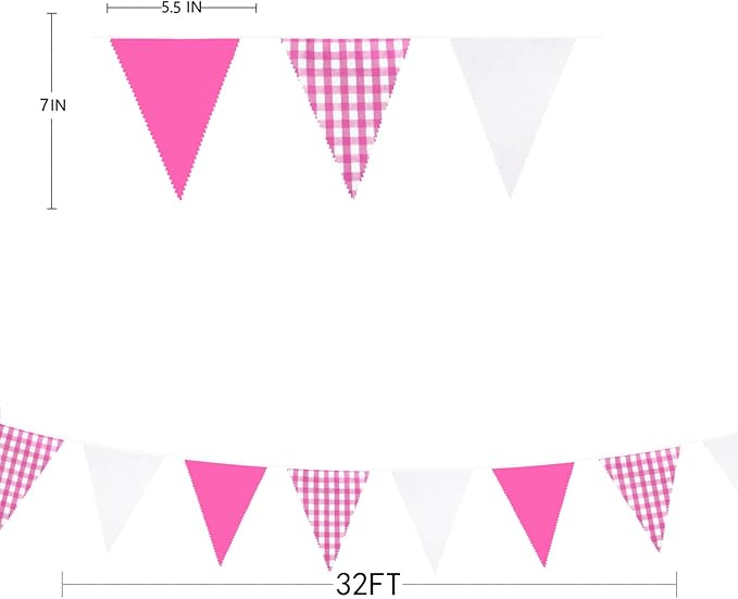 32Ft Hot Pink Party Decorations Pink Buffalo Plaid Checkered White Triangle Flag Gingham Pennant Fabric Garland Streamers for Wedding Birthday Baby Shower Anniversary Party Picnic Garden Decor