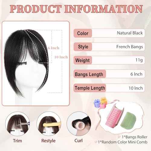 Clip in Bangs, 100% Real Human Hair Natural Black Fake Bangs Clip in Hair Extensions French Bangs Fringe with Temples Hairpieces for Women Curved Curtain Bangs for Daily Wear