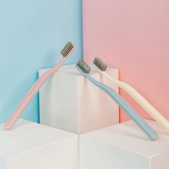 9 Pcs Adult Hard Hair Nylon Toothbrushes with Curved Handles for Teeth Cleaning Oral Care Tools in Pink Sky-Blue and Beige Colors