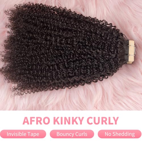 Invisible 4C Afro Kinky Curly Tape in Hair Extensions for Black Women Niawigs Black Color Real Human Hair Tape ins, 40PCS Double Sided PU Skin Weft 22 Inches