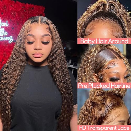 Highlight Ombre 13x4 HD Deep Wave Lace Front Wigs Human Hair 180% Density Honey Blonde Wig Human Hair Pre Plucked 4/27 Lace Frontal Wigs 24 Inch