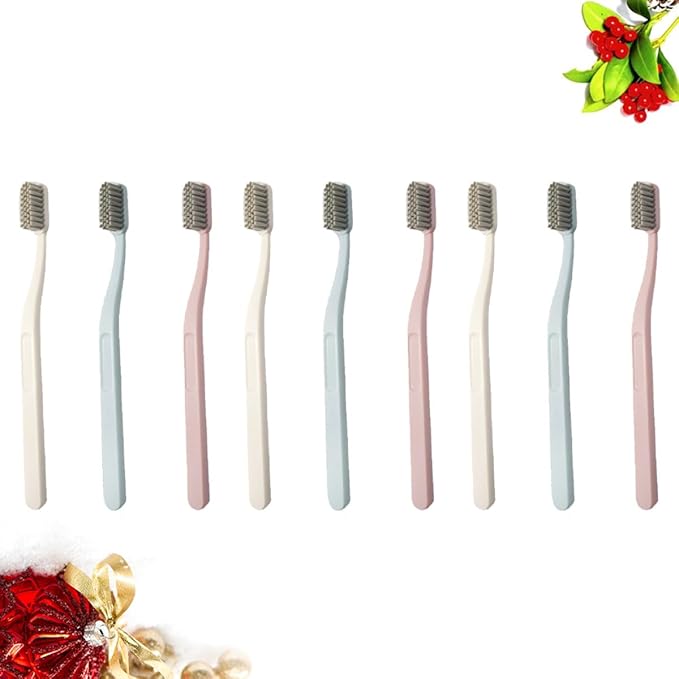 9 Pcs Adult Hard Hair Nylon Toothbrushes with Curved Handles for Teeth Cleaning Oral Care Tools in Pink Sky-Blue and Beige Colors
