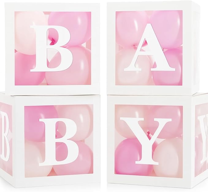 Baby Shower Boxes with Letters – White Boxes with Pink & White Balloons – 44-Piece Gender Reveal & Party Decoration Set by Vellax-Piece Gender Reveal & Party Decoration Set by Vellax