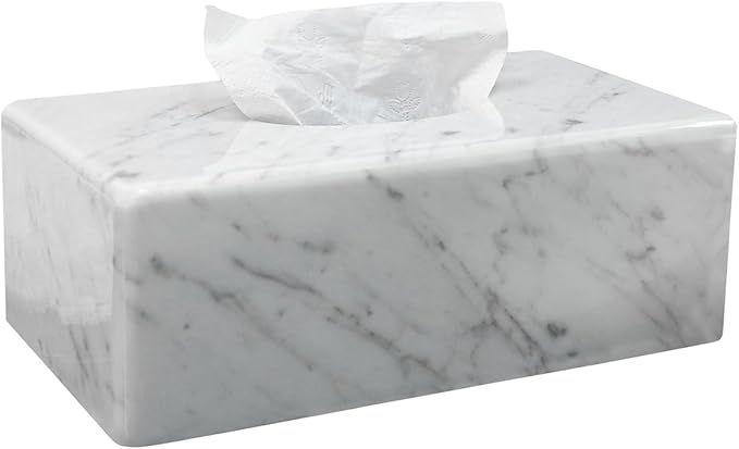Natural Marble Tissue Box Cover, Carrara White Tissue Organizer 10 x 5.7 x 3.5 inch, Heavy Stone Decorative Box, Rectangle Tissue Box Holder for Home Decor, Kitchen, Bathroom, Bedroom