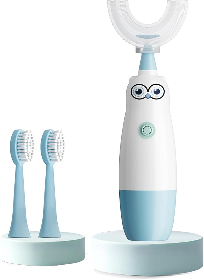 Kids Electric Toothbrush，360-Degree Sonic Vibration, IPX7 Waterproof,Toddler U Shaped Toothbrush with 2 Soft Brush Head,Cute Owl Design Baby Toothbrush for Ages 2–7（Blue）