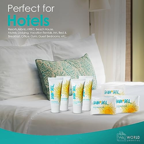 World Amenities Sun+Sol Mini Travel Size Hotel Toiletries Bathroom Kit - Case of 25 Sets - Warm Coconut & Vanilla - Shampoo, Conditioner, Body Wash, Lotion, Cleansing Bar, Soap Bar