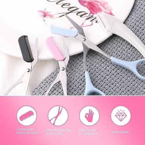 3pcs-Eyebrow Scissors with Eyebrow Razor,Professional Eyebrow Trimmer Scissors with Comb,Non Slip Finger Grips Eyebrow Trimmer, Hair Removal Beauty Accessories for Men Women (Black, Pink, Blue)