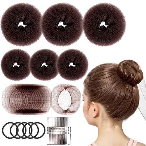 FANDAMEI 6 PCS Hair Bun Makers for Kids, 10 Invisible Bun Nets for Ballet Girls, 3PCS Extra Small 3PCS Small Donut Buns for Hair Kids, Bun Makers Hair Nets for Buns with 5 Elastics 20 Pins (Brown)