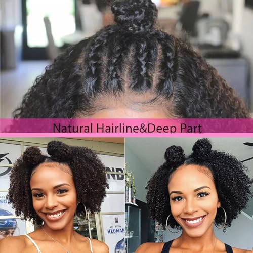 Bob Wig Human Hair Afro Kinky Curly 13x4 Frontal Lace Wig Human Hair 180 Density Glueless Wig Human Hair Pre Plucked with Baby Hair Short Bob Wigs for Black Women Natural Color 16 inch