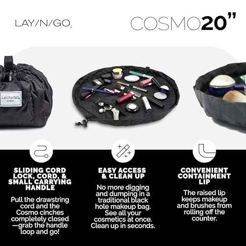 Lay-n-Go Cosmo Layflat Drawstring Cosmetic & Makeup Bag Organizer - Portable Drawstring Bag w/Zipper Pocket, Makeup Loops & More - Durable, Machine Washable Toiletry Bag for Travel (20", Black)