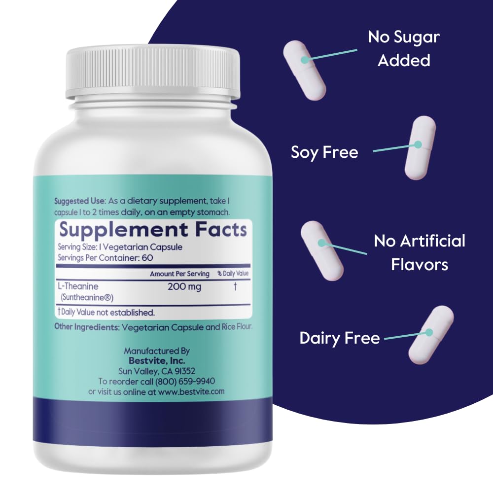 BESTVITE Double Strength Suntheanine L-Theanine 200mg – Patented & Clinically Studied – 120 Vegetarian Capsules (2 x 60) – Vegan – No Stearates – Non GMO – Gluten Free – Relaxation Support
