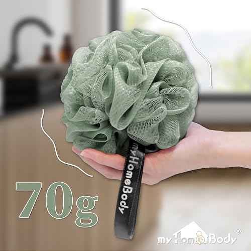 myHomeBody Large 70g Loofah Sponge, Bath Body Scrubber for Women, Men, Exfoliating Shower Pouf with Activated Charcoal - 2 Graphite Gray + 1 Sage Green, 3 Pack
