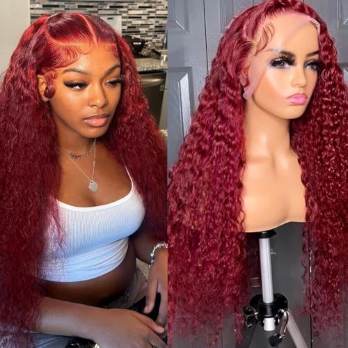 Burgundy Wig Human Hair 99j Burgundy 13x6 Deep Wave Lace Front Wigs Human Hair Pre Plucked HD Transparent Lace Frontal Wigs for Black Women Red Colored Wig 18 Inch