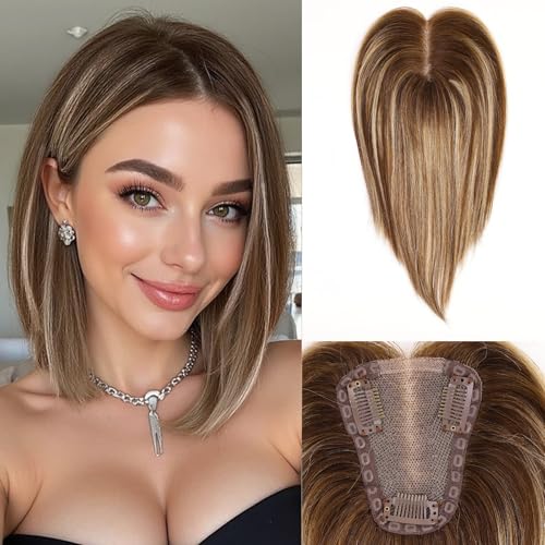 starluck Hair Toppers for Women Real Human Hair No Bangs 3.5"*4"Hand-Tied Swiss Lace Base 12in 100% Remy HumanHair Topper for Women with ThinningHair(T4/27/4#)