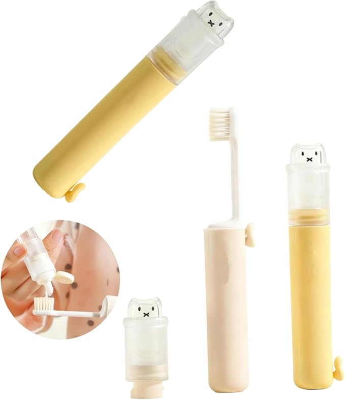 2Pcs Foldable Toothbrush Compact Portable Travel Kit with Toothpaste Container 2 Replaceable Soft Bristle Heads for Adults Camping Vacation Business Travel